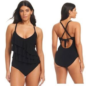 Beyond Control Swimwear Ruffle Black Solid One Piece Swimsuit NWOT 16 $139